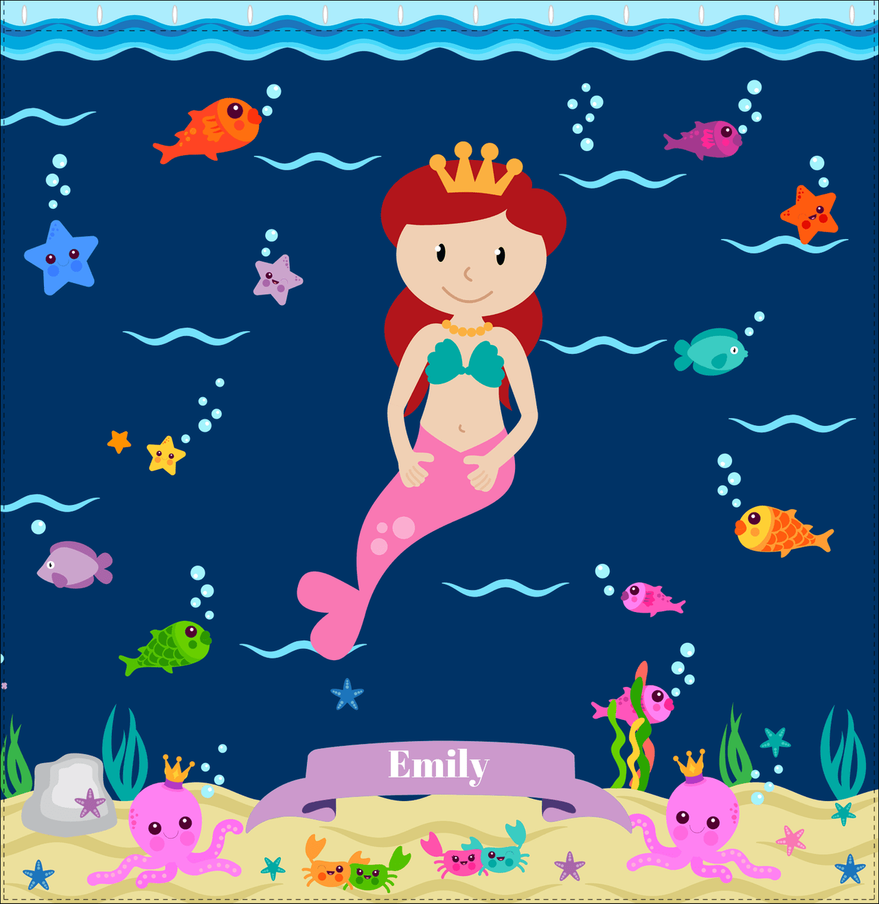 Personalized Mermaid Shower Curtain VI - Blue Background - Redhead Mermaid - Decorate View