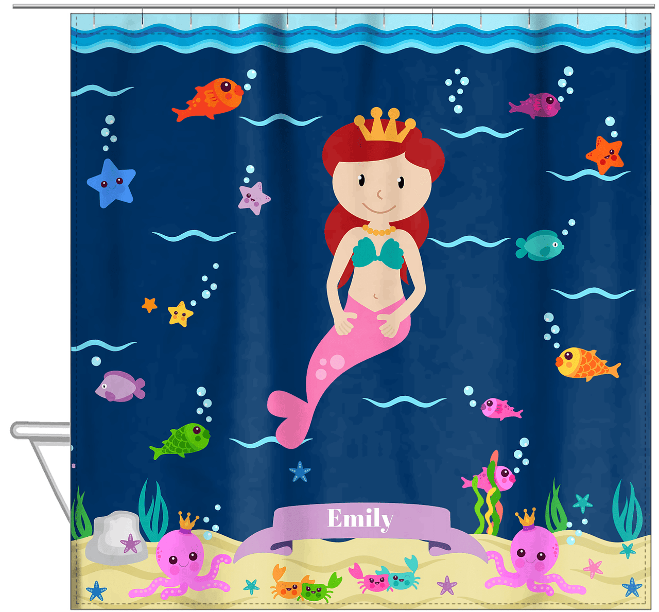 Personalized Mermaid Shower Curtain VI - Blue Background - Redhead Mermaid - Hanging View