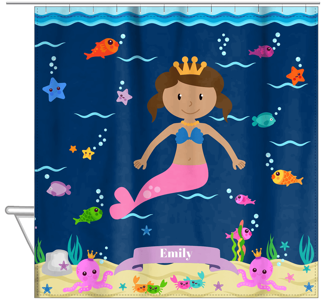 Personalized Mermaid Shower Curtain VI - Blue Background - Light Brown Mermaid - Hanging View