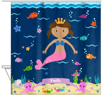 Thumbnail for Personalized Mermaid Shower Curtain VI - Blue Background - Light Brown Mermaid - Hanging View