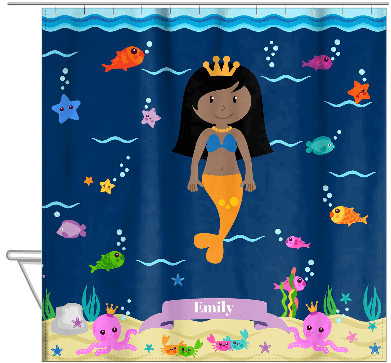 Personalized Mermaid Shower Curtain VI - Blue Background - Black Mermaid - Hanging View