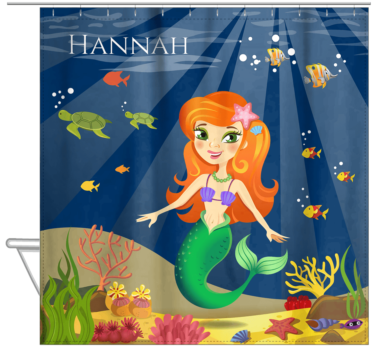 Personalized Mermaid Shower Curtain VII - Blue Background - Redhead Mermaid - Hanging View