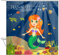 Thumbnail for Personalized Mermaid Shower Curtain VII - Blue Background - Redhead Mermaid - Hanging View