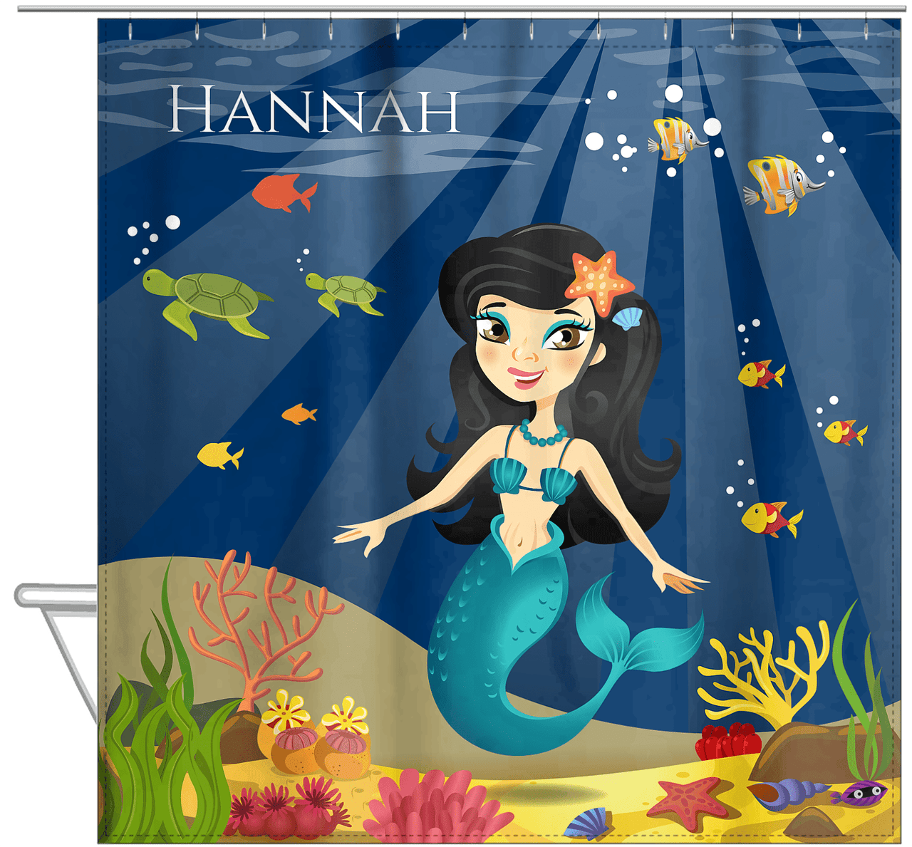 Personalized Mermaid Shower Curtain VII - Blue Background - Asian Mermaid - Hanging View