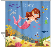 Thumbnail for Personalized Mermaid Shower Curtain VIII - Blue Background - Brunette Mermaid - Hanging View