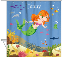 Thumbnail for Personalized Mermaid Shower Curtain VIII - Blue Background - Redhead Mermaid - Hanging View