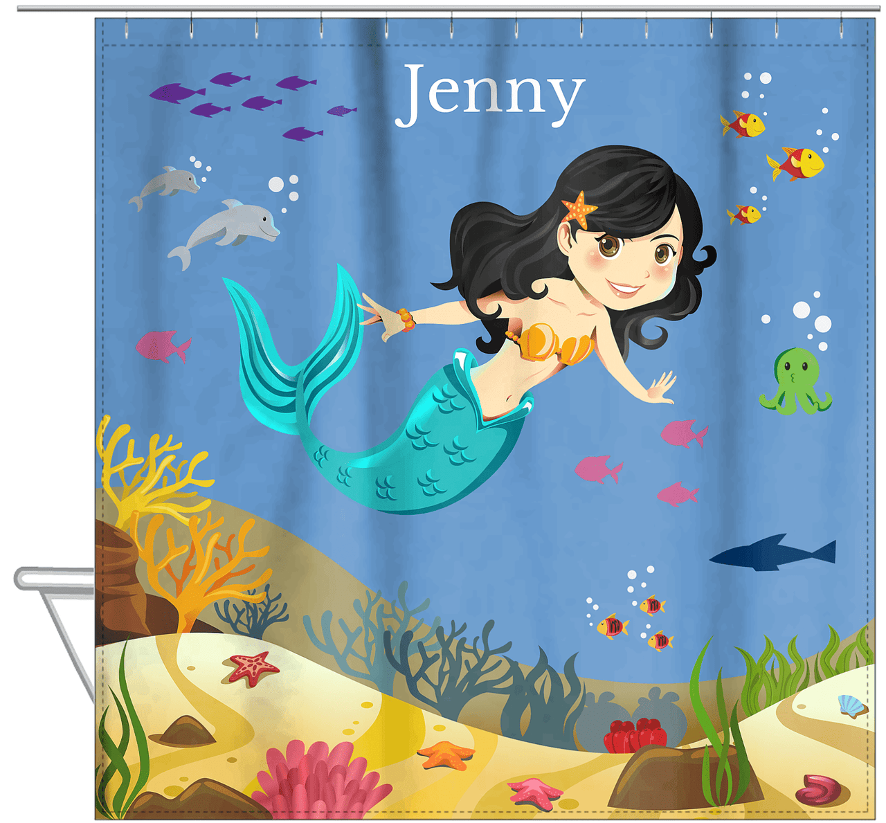 Personalized Mermaid Shower Curtain VIII - Blue Background - Asian Mermaid - Hanging View