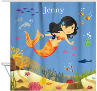 Thumbnail for Personalized Mermaid Shower Curtain VIII - Blue Background - Black Hair Mermaid - Hanging View