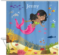 Thumbnail for Personalized Mermaid Shower Curtain VIII - Blue Background - Black Mermaid - Hanging View