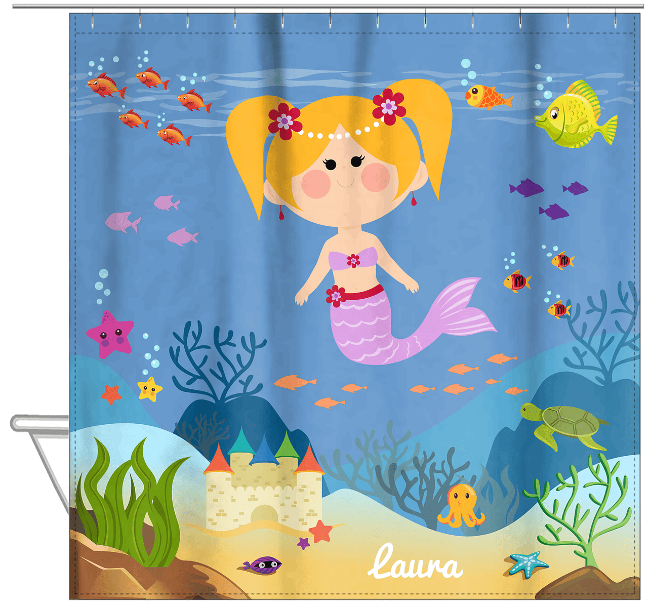 Personalized Mermaid Shower Curtain IX - Blue Background - Blonde Mermaid - Hanging View