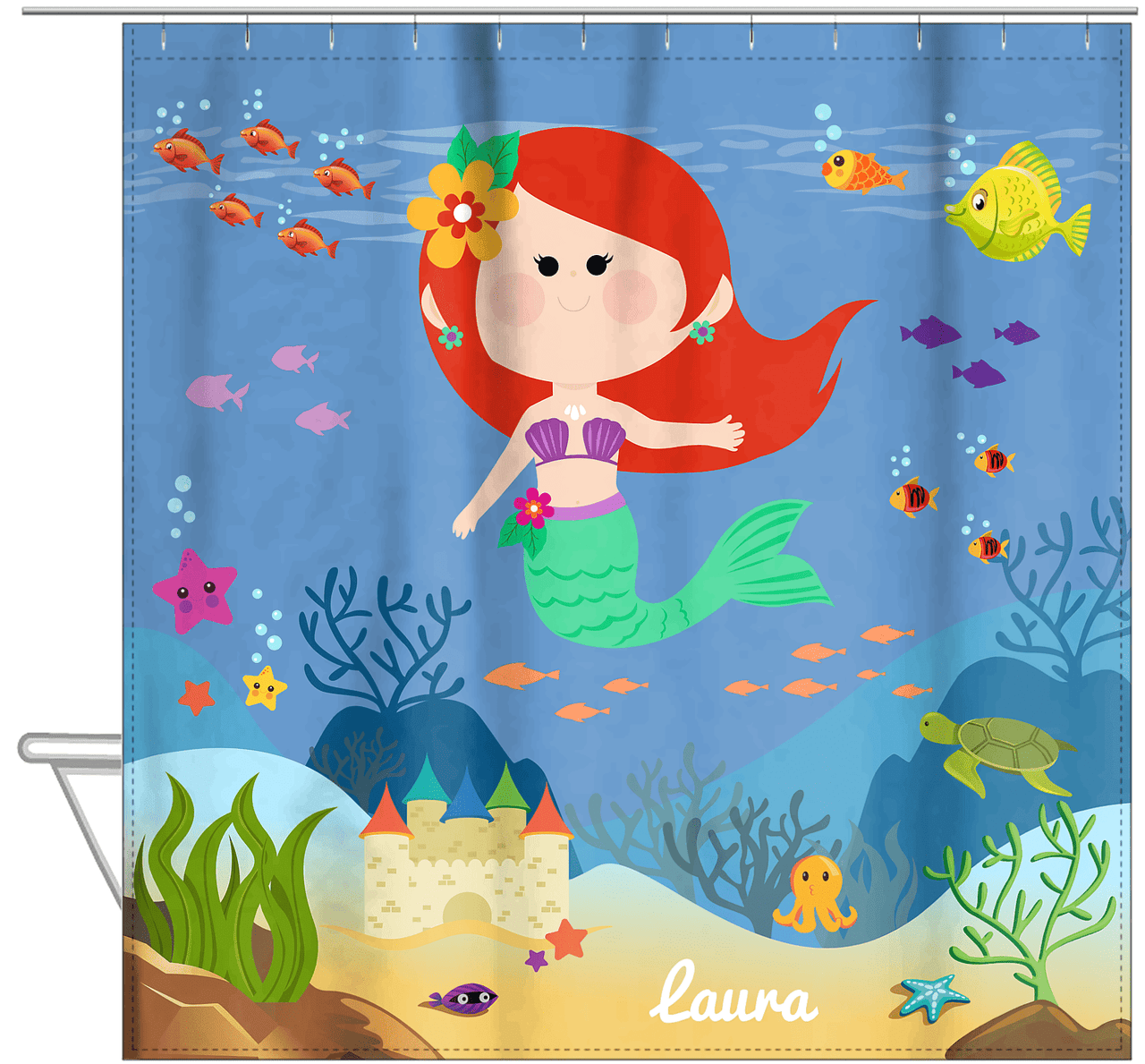 Personalized Mermaid Shower Curtain IX - Blue Background - Redhead Mermaid - Hanging View
