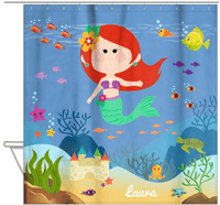 Thumbnail for Personalized Mermaid Shower Curtain IX - Blue Background - Redhead Mermaid - Hanging View