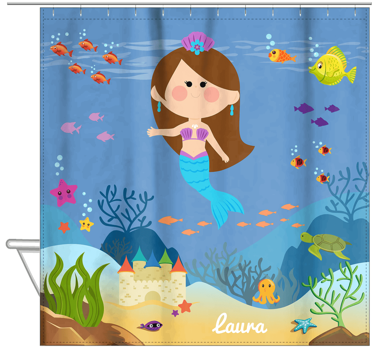 Personalized Mermaid Shower Curtain IX - Blue Background - Brunette Mermaid - Hanging View