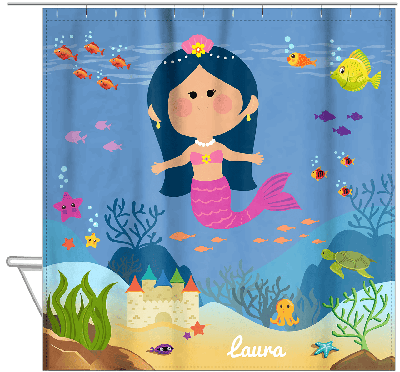Personalized Mermaid Shower Curtain IX - Blue Background - Black Hair Mermaid - Hanging View