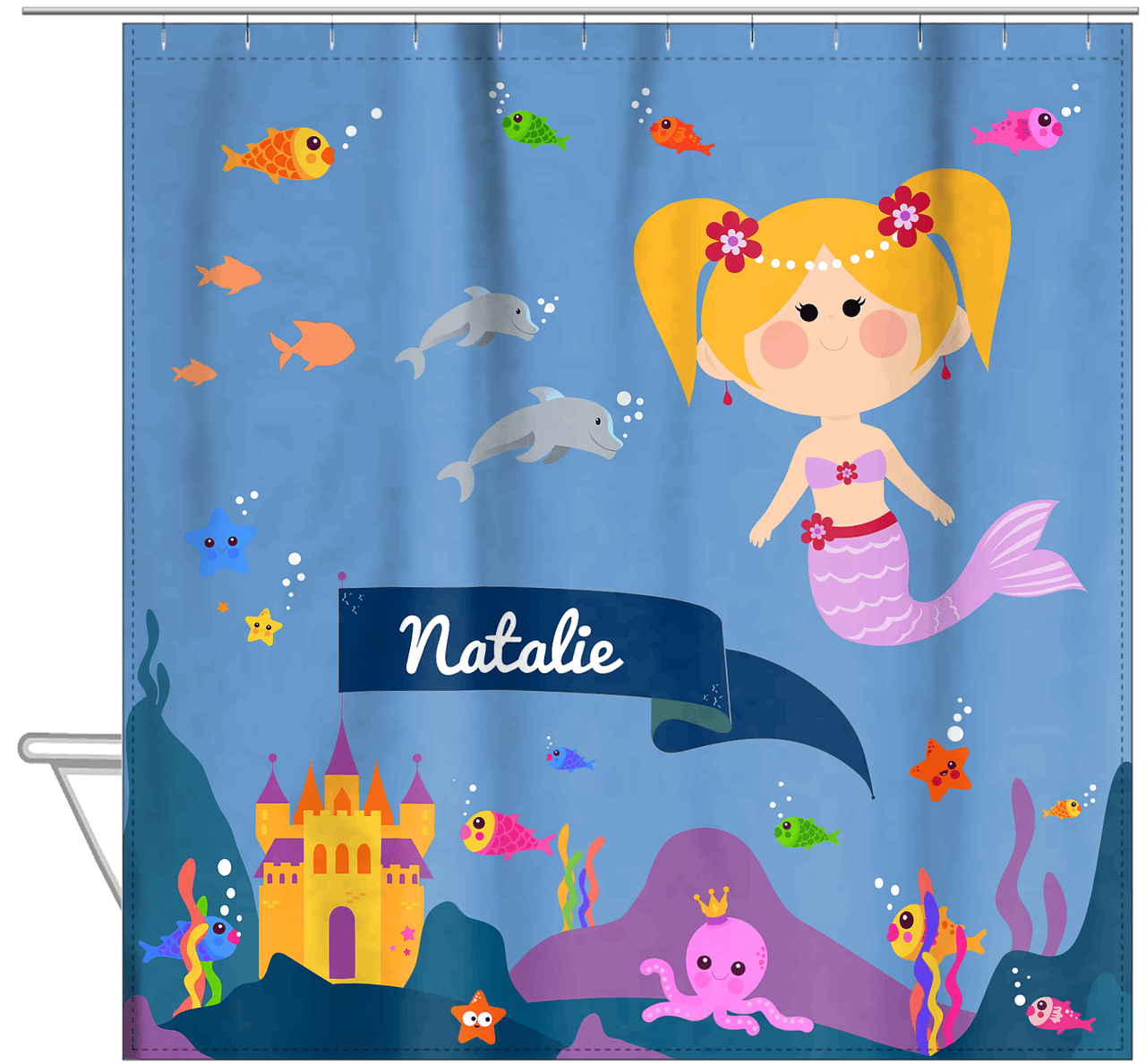Personalized Mermaid Shower Curtain X - Blue Background - Blonde Mermaid - Hanging View