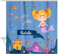Thumbnail for Personalized Mermaid Shower Curtain X - Blue Background - Blonde Mermaid - Hanging View