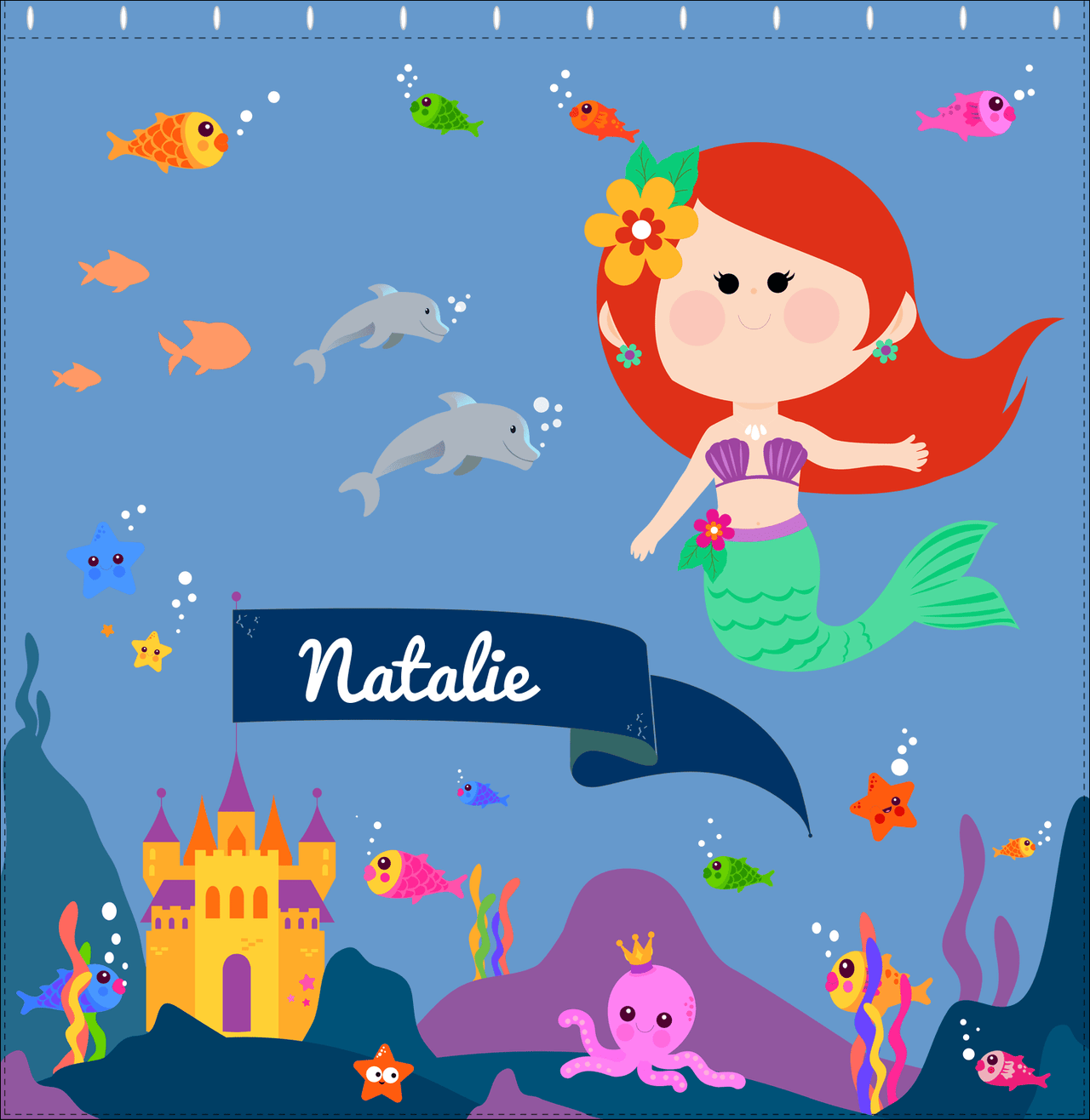 Personalized Mermaid Shower Curtain X - Blue Background - Redhead Mermaid - Decorate View