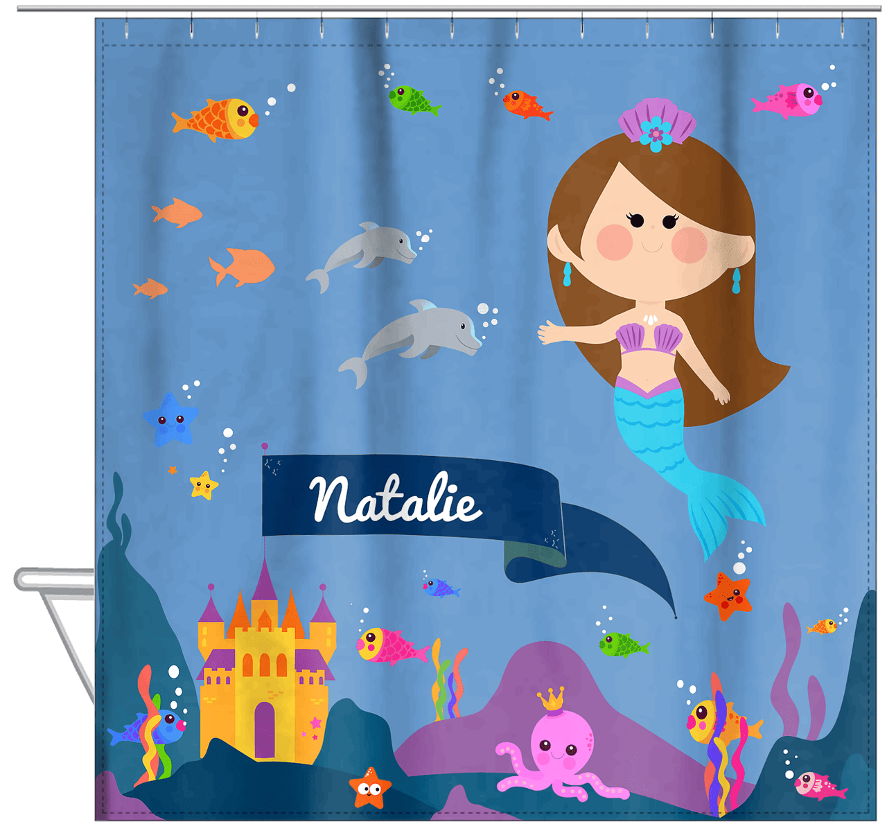 Personalized Mermaid Shower Curtain X - Blue Background - Brunette Mermaid - Hanging View