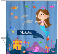 Thumbnail for Personalized Mermaid Shower Curtain X - Blue Background - Brunette Mermaid - Hanging View