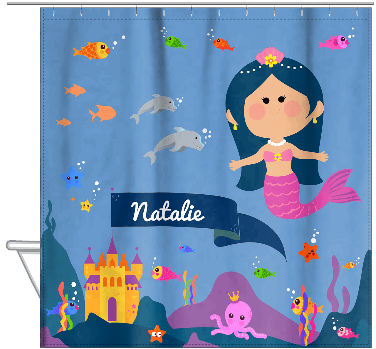 Personalized Mermaid Shower Curtain X - Blue Background - Black Hair Mermaid - Hanging View