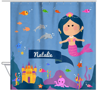 Thumbnail for Personalized Mermaid Shower Curtain X - Blue Background - Black Hair Mermaid - Hanging View