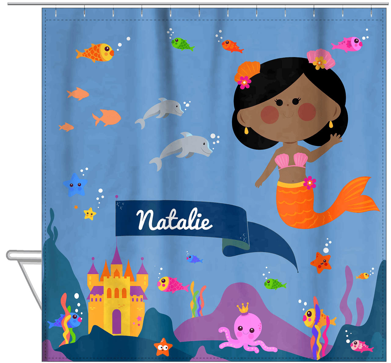 Personalized Mermaid Shower Curtain X - Blue Background - Black Mermaid - Hanging View