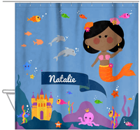 Thumbnail for Personalized Mermaid Shower Curtain X - Blue Background - Black Mermaid - Hanging View