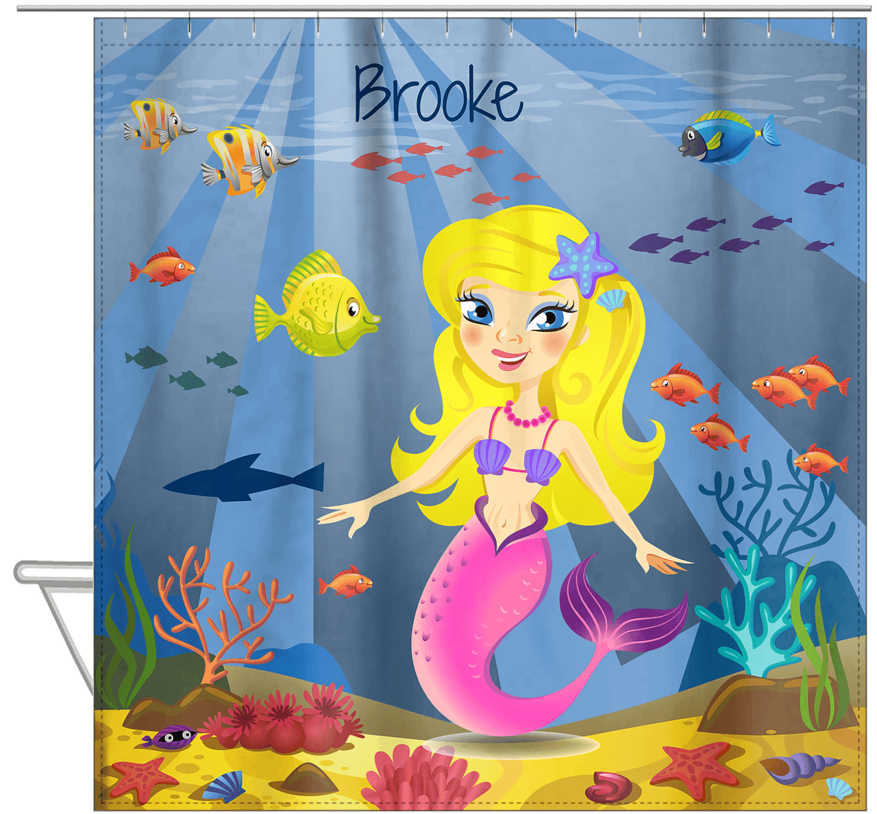 Personalized Mermaid Shower Curtain III - Blue Background - Blonde Mermaid - Hanging View
