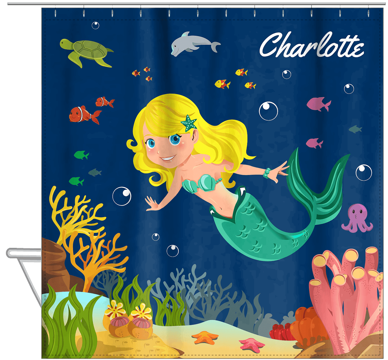 Personalized Mermaid Shower Curtain IV - Blue Background - Blonde Mermaid - Hanging View