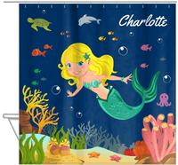 Thumbnail for Personalized Mermaid Shower Curtain IV - Blue Background - Blonde Mermaid - Hanging View