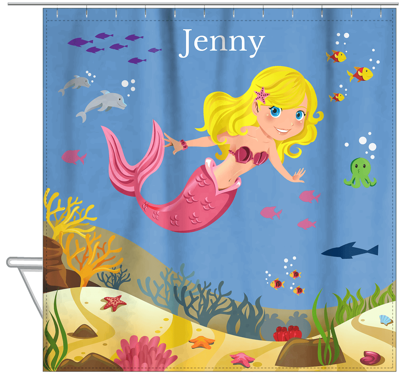 Personalized Mermaid Shower Curtain VIII - Blue Background - Blonde Mermaid - Hanging View
