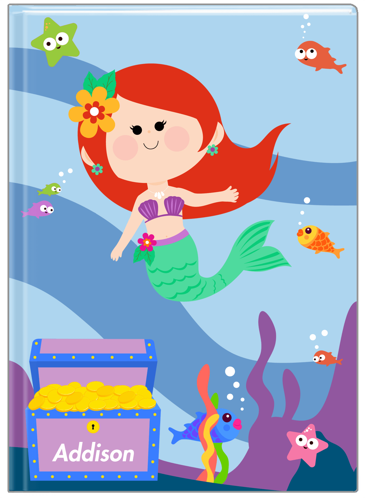 Personalized Mermaid Journal I - Blue Background - Redhead Mermaid - Front View