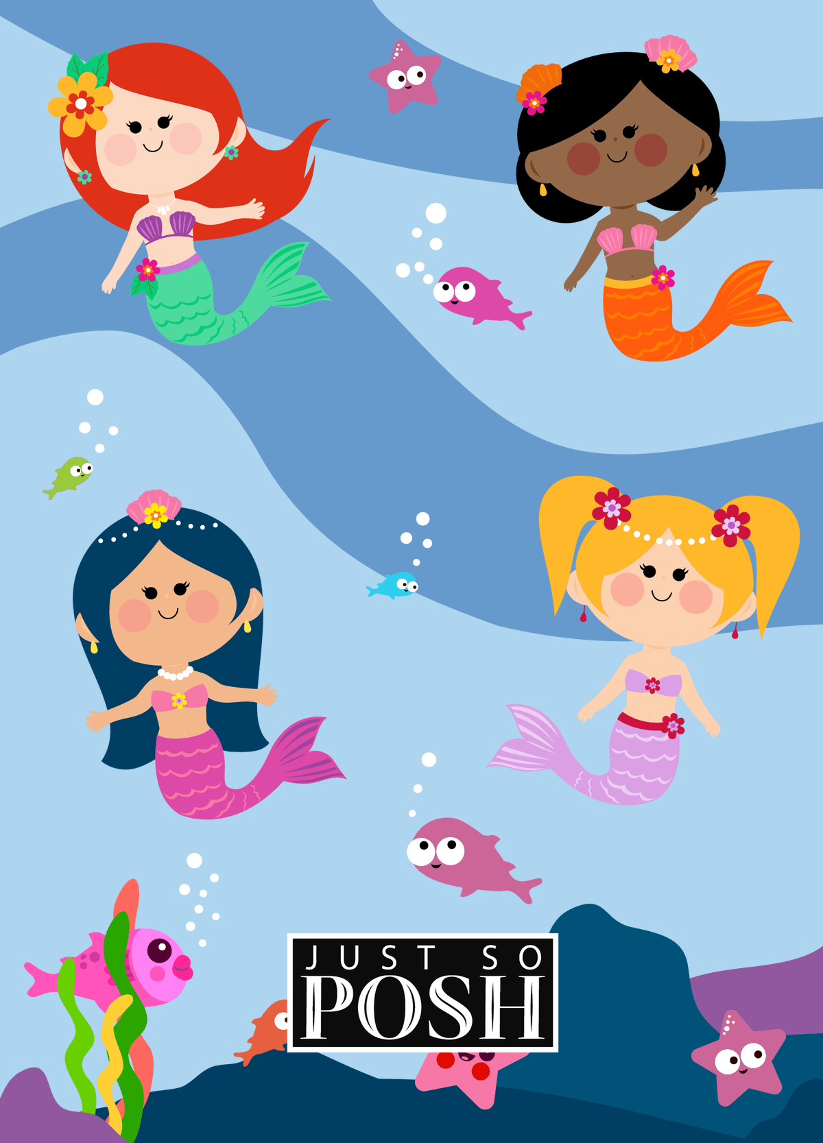 Personalized Mermaid Journal I - Blue Background - Brunette Mermaid - Back View