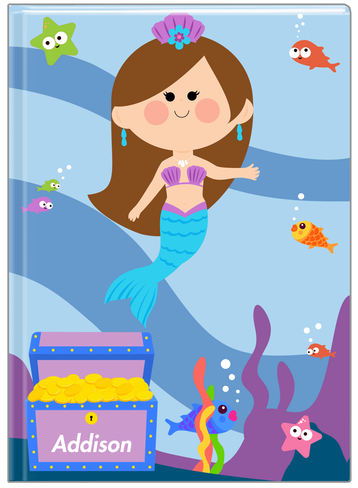 Personalized Mermaid Journal I - Blue Background - Brunette Mermaid - Front View