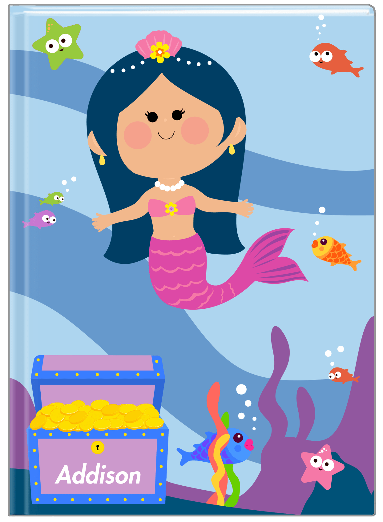 Personalized Mermaid Journal I - Blue Background - Asian Mermaid - Front View