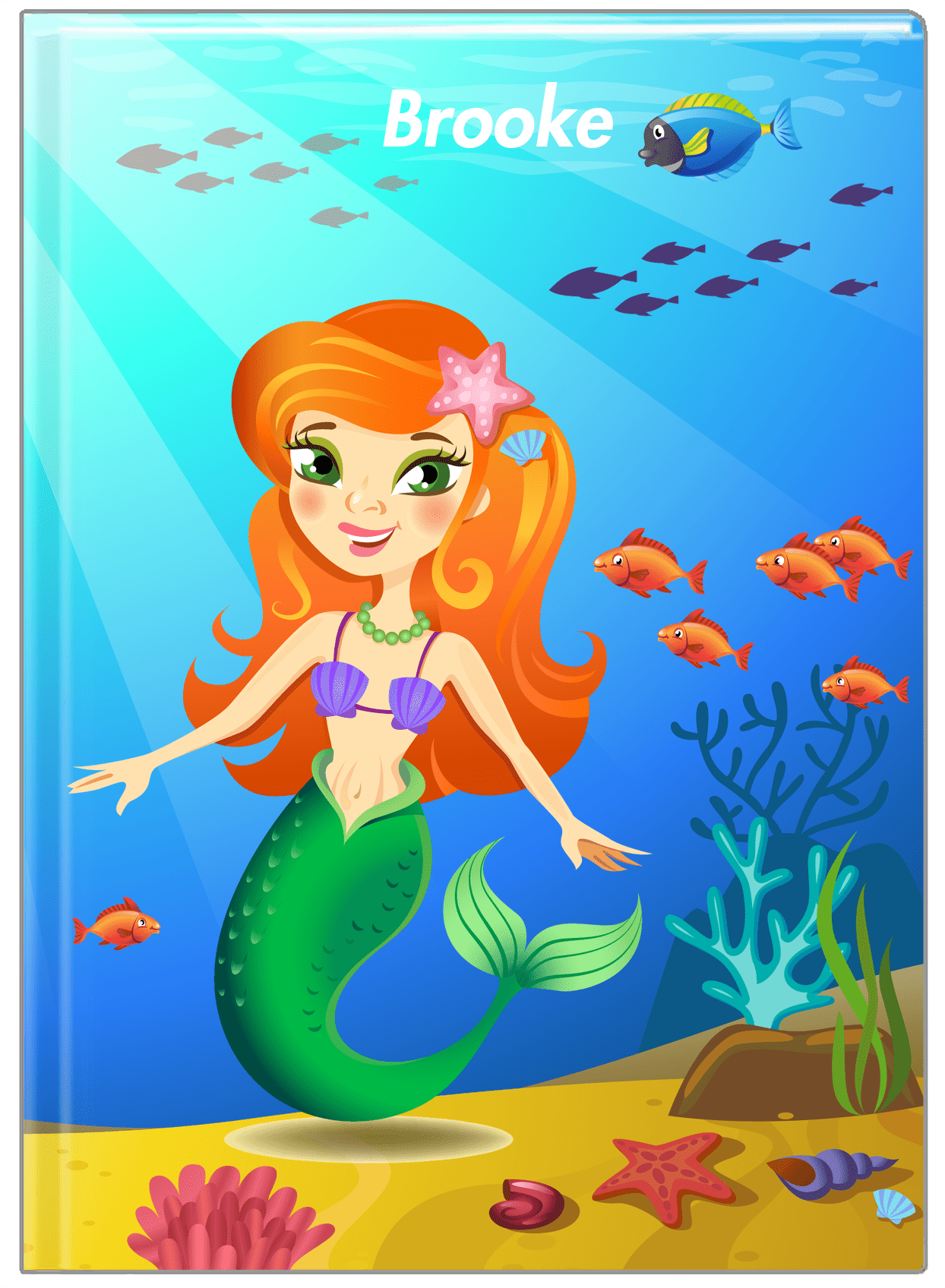 Personalized Mermaid Journal III - Blue Background - Redhead Mermaid - Front View