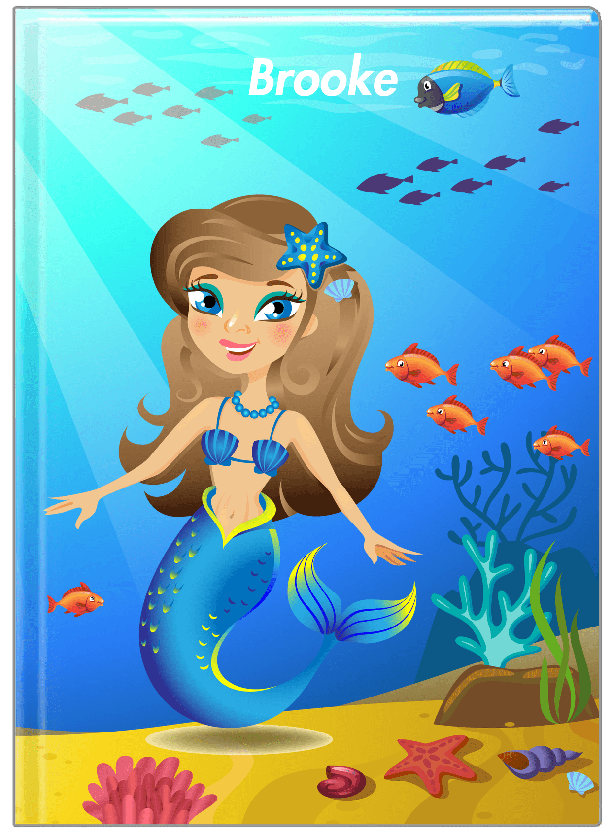 Personalized Mermaid Journal III - Blue Background - Brunette Mermaid - Front View