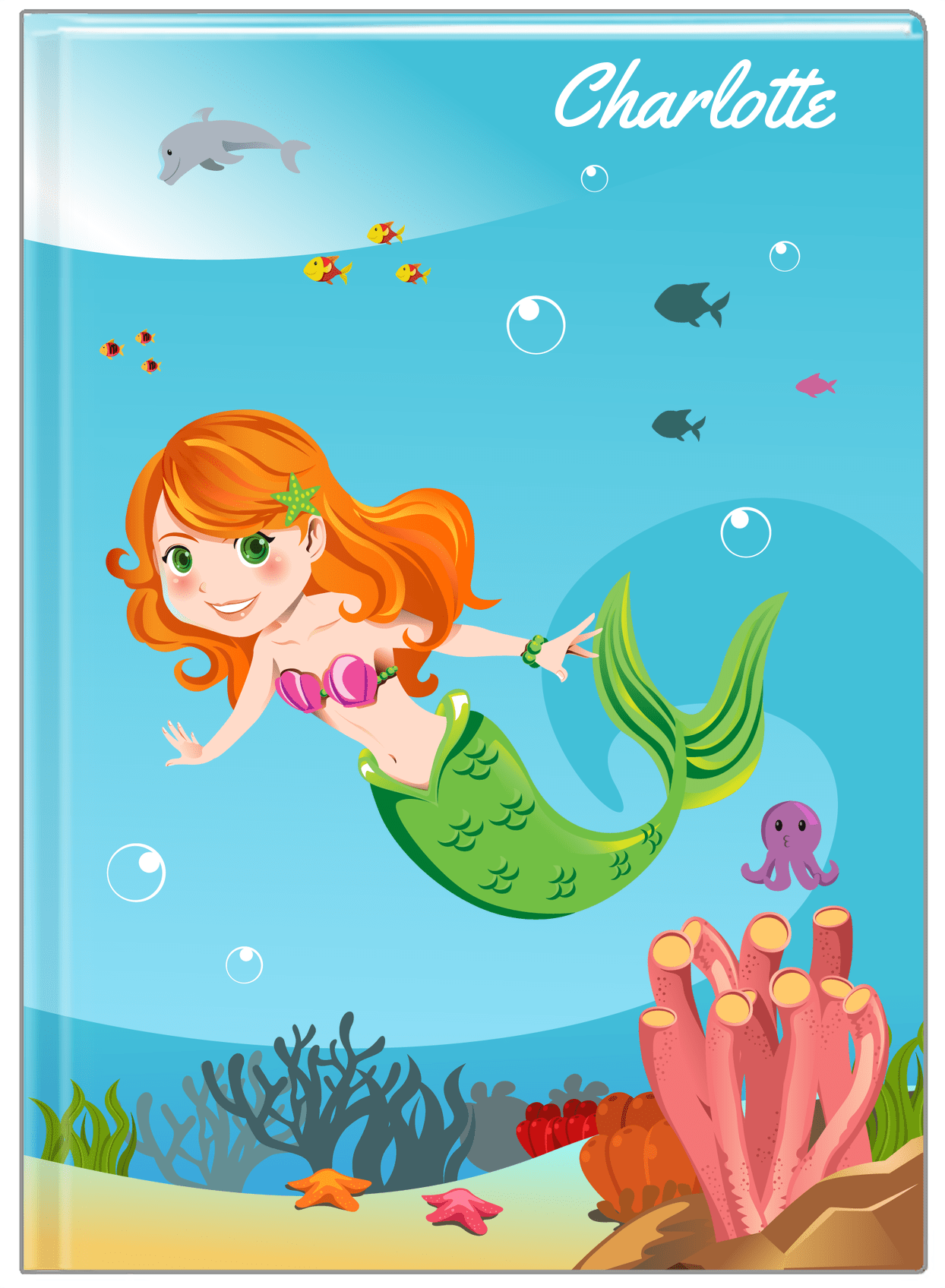 Personalized Mermaid Journal IV - Blue Background - Redhead Mermaid - Front View