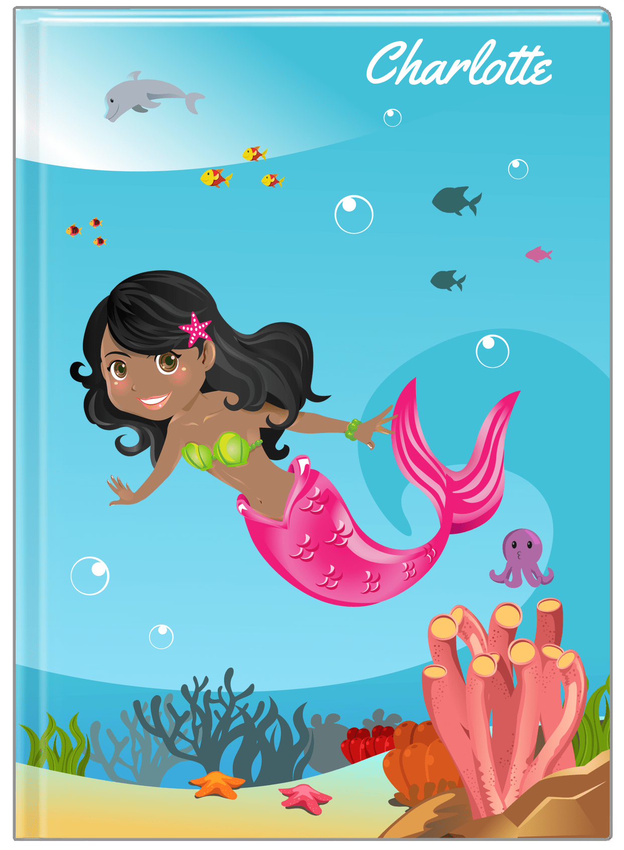 Personalized Mermaid Journal IV - Blue Background - Black Mermaid - Front View