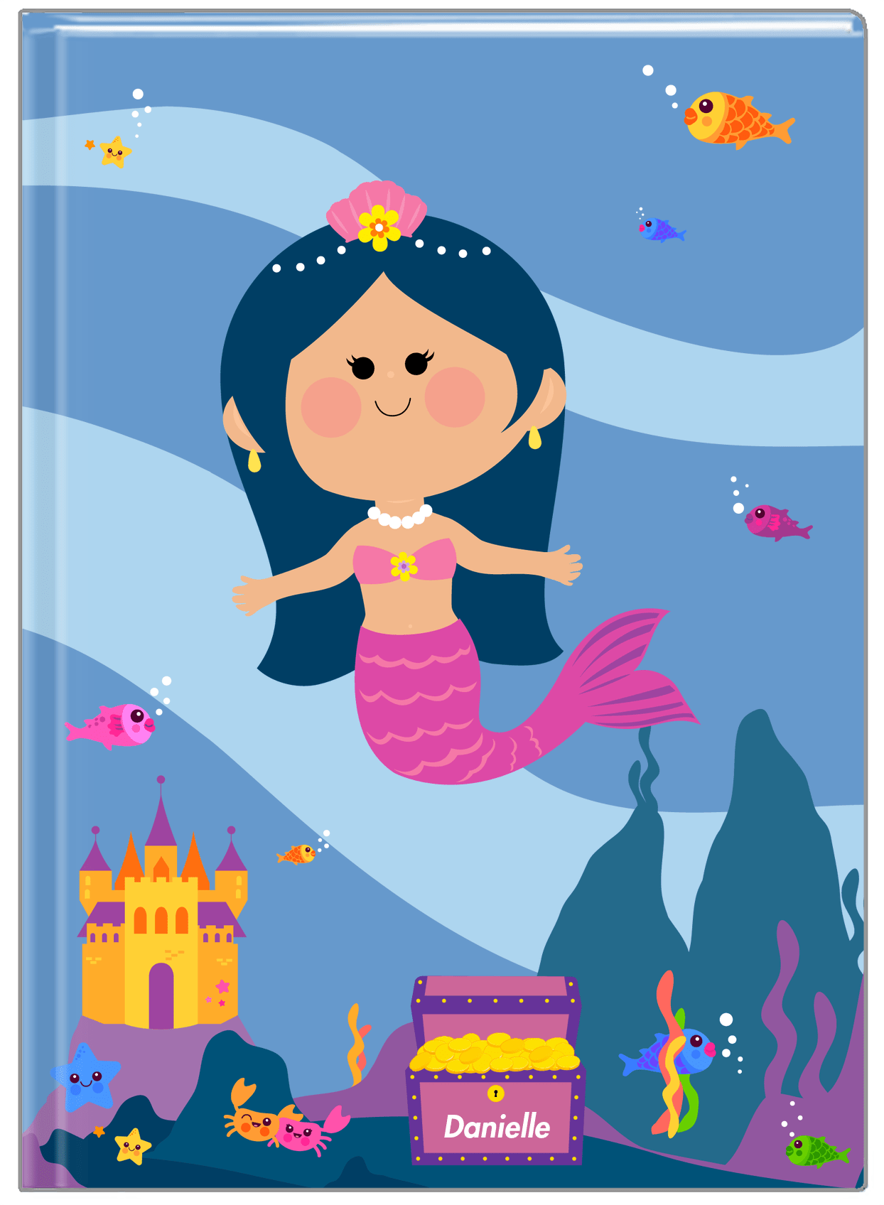 Personalized Mermaid Journal V - Blue Background - Asian Mermaid - Front View