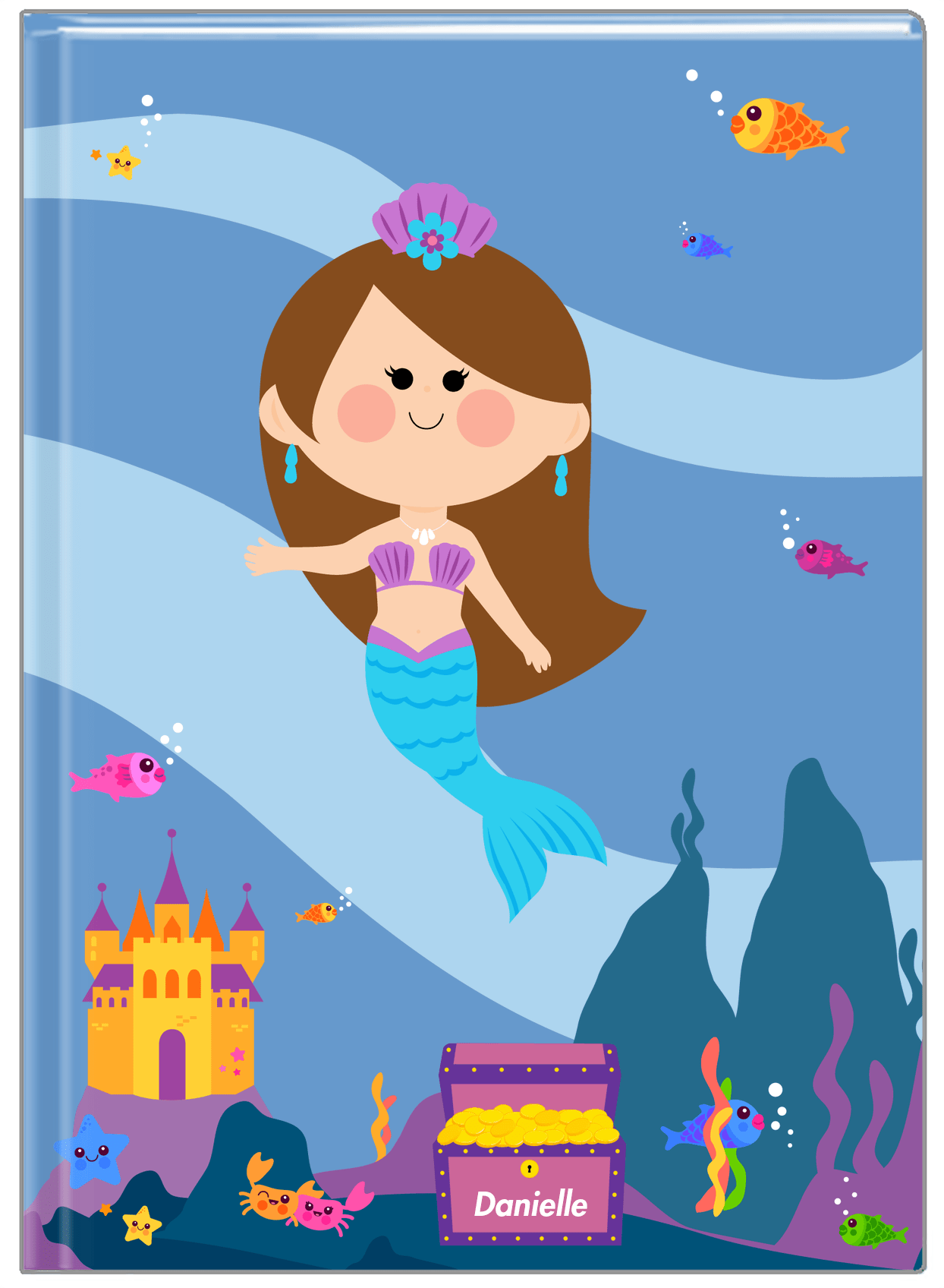 Personalized Mermaid Journal V - Blue Background - Brunette Mermaid - Front View