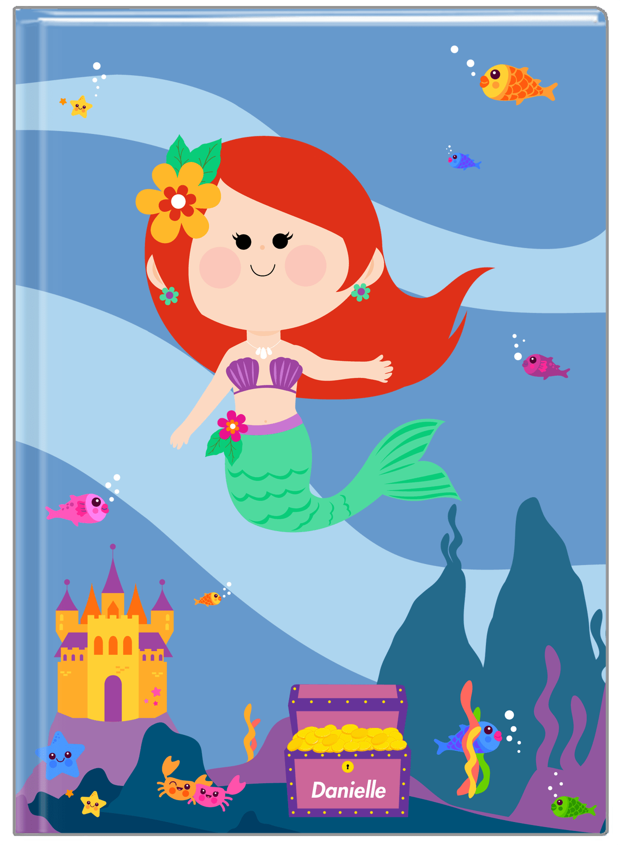 Personalized Mermaid Journal V - Blue Background - Redhead Mermaid - Front View