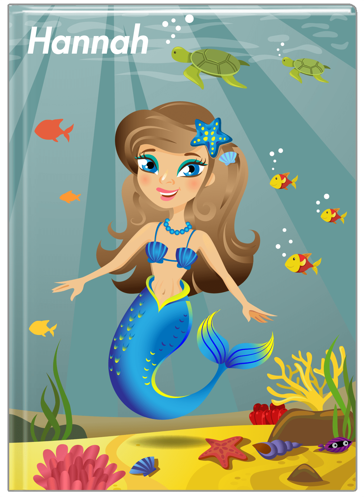 Personalized Mermaid Journal VII - Teal Background - Brunette Mermaid - Front View