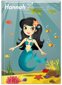 Thumbnail for Personalized Mermaid Journal VII - Teal Background - Black Hair Mermaid - Front View