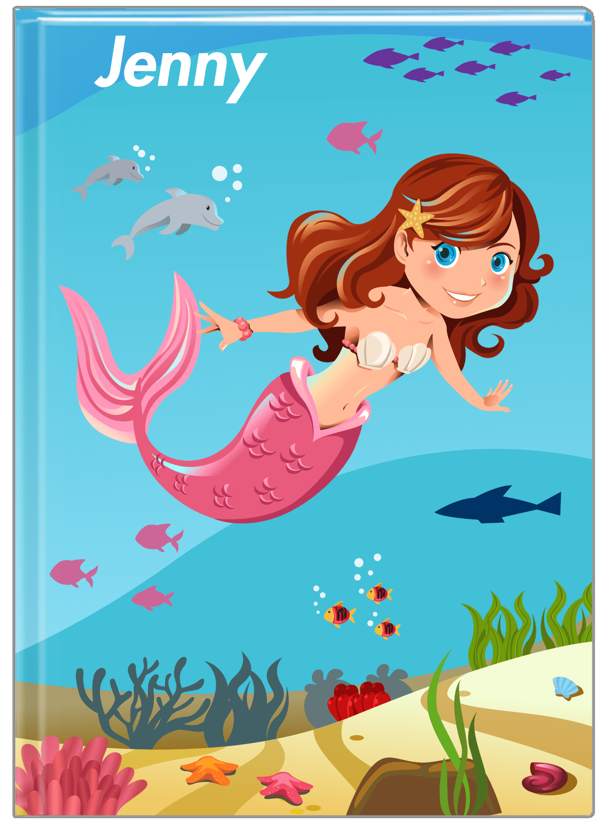Personalized Mermaid Journal VIII - Blue Background - Brunette Mermaid - Front View