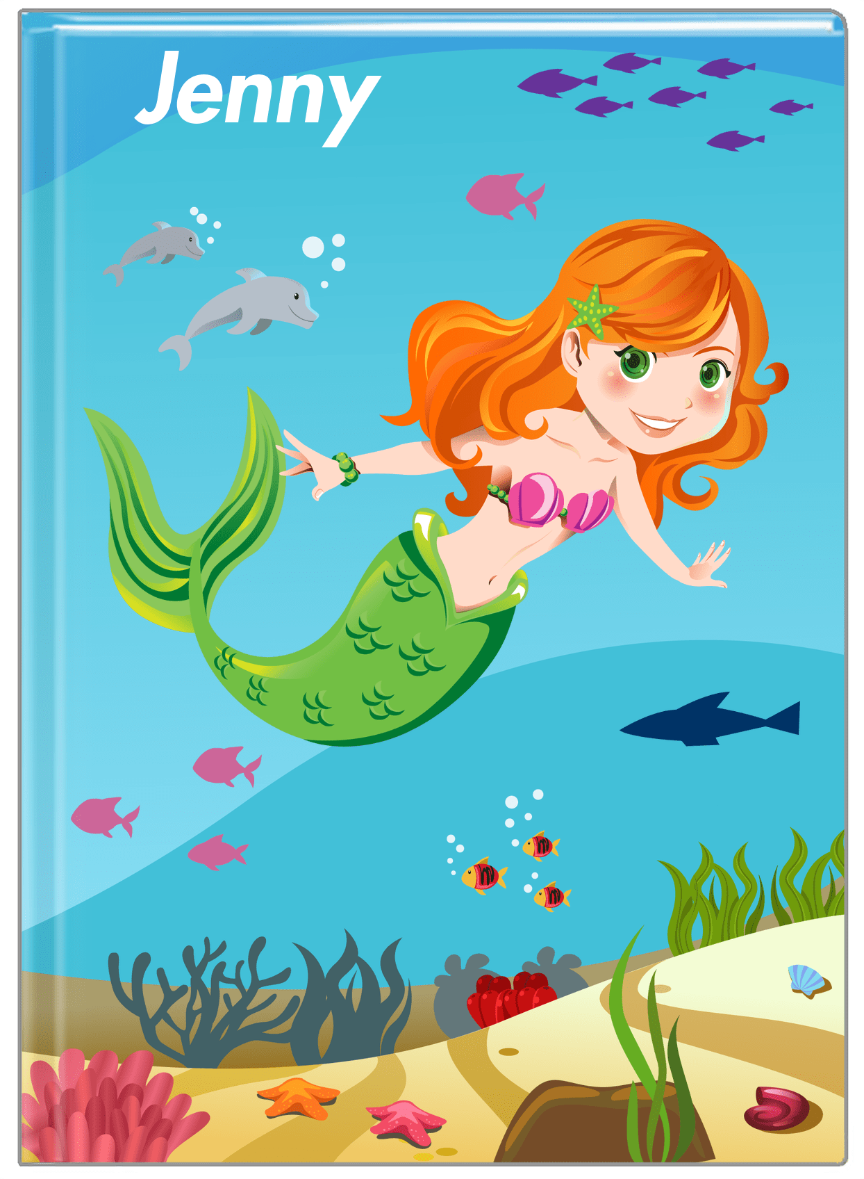 Personalized Mermaid Journal VIII - Blue Background - Redhead Mermaid - Front View