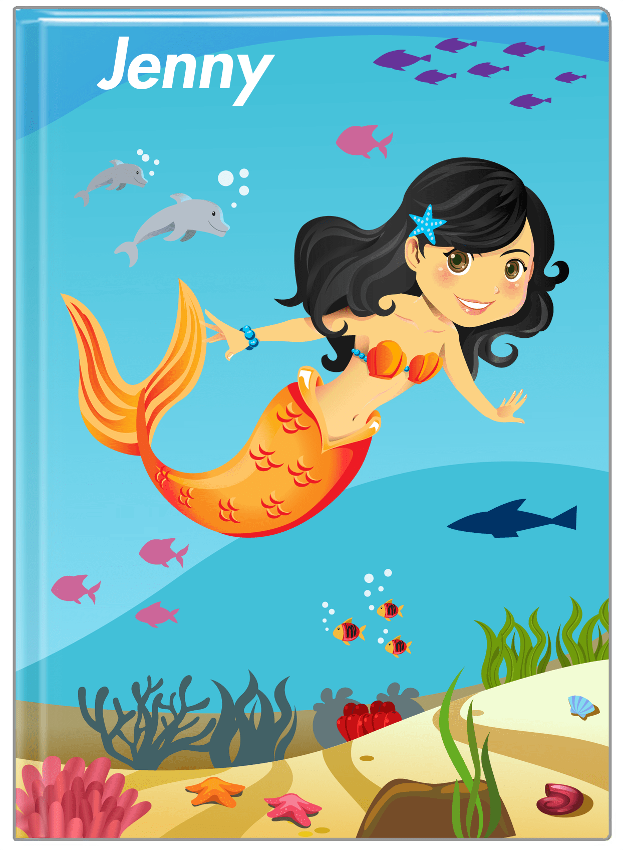 Personalized Mermaid Journal VIII - Blue Background - Asian Mermaid - Front View