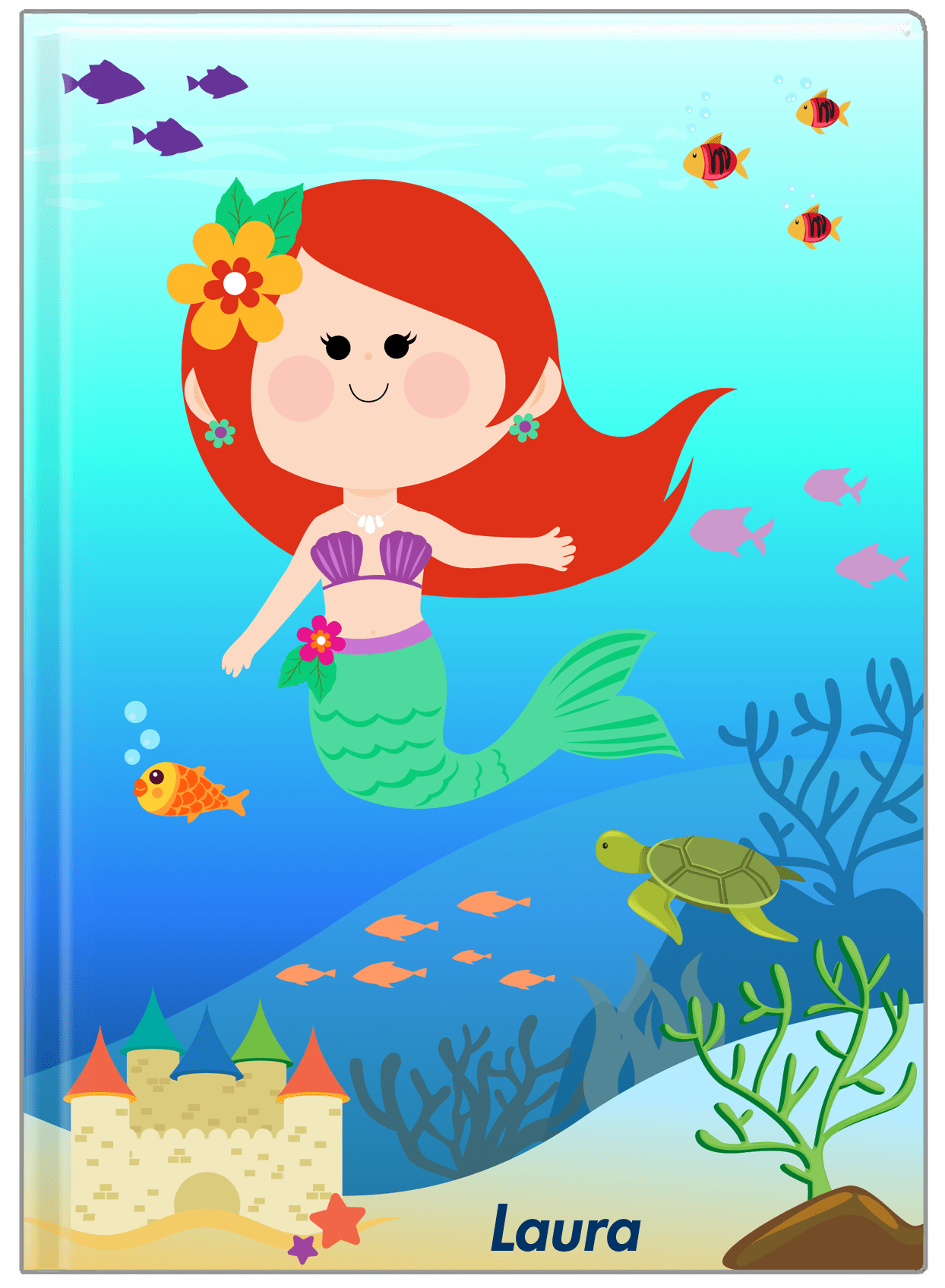Personalized Mermaid Journal IX - Blue Background - Redhead Mermaid - Front View