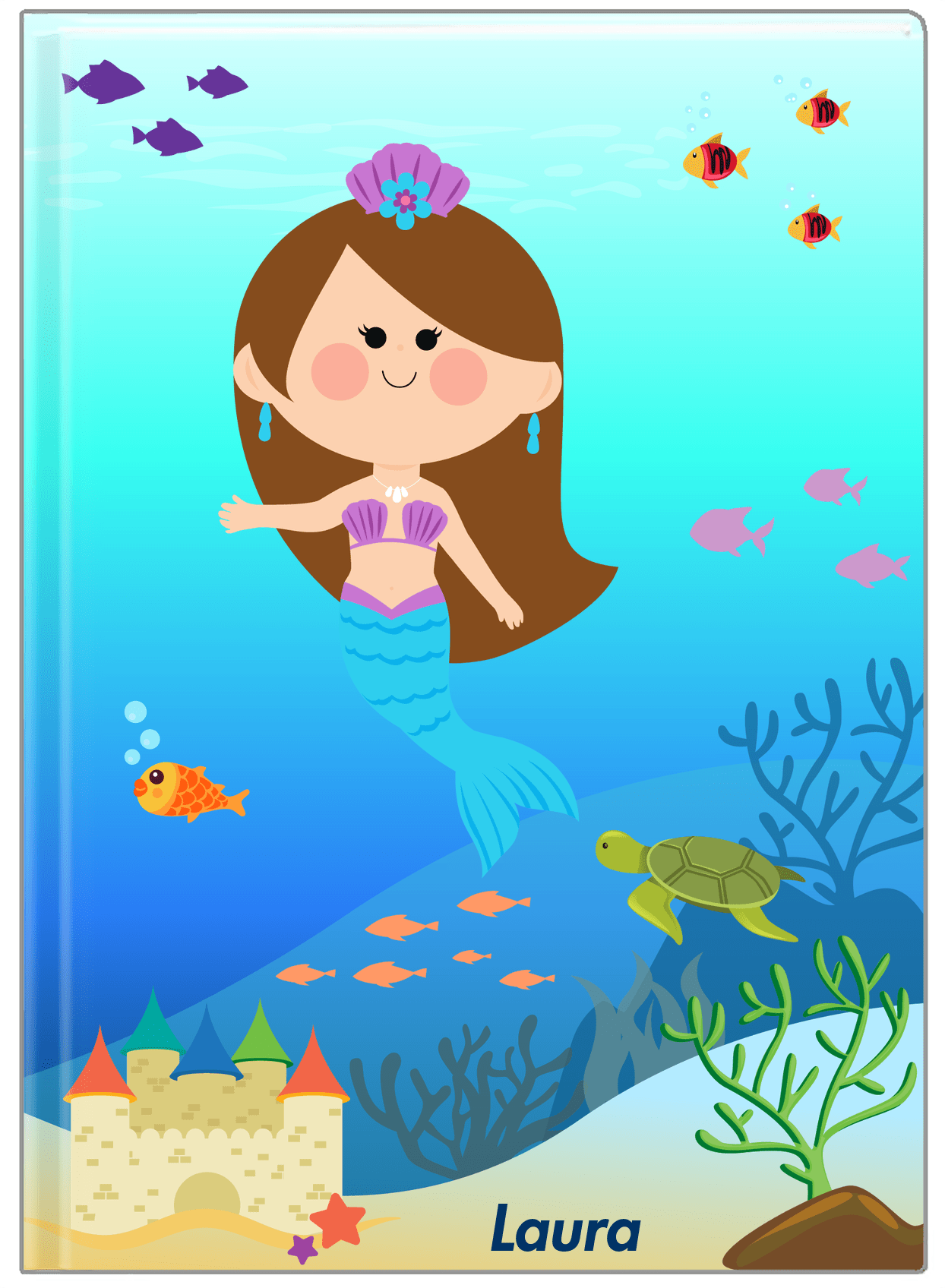 Personalized Mermaid Journal IX - Blue Background - Brunette Mermaid - Front View
