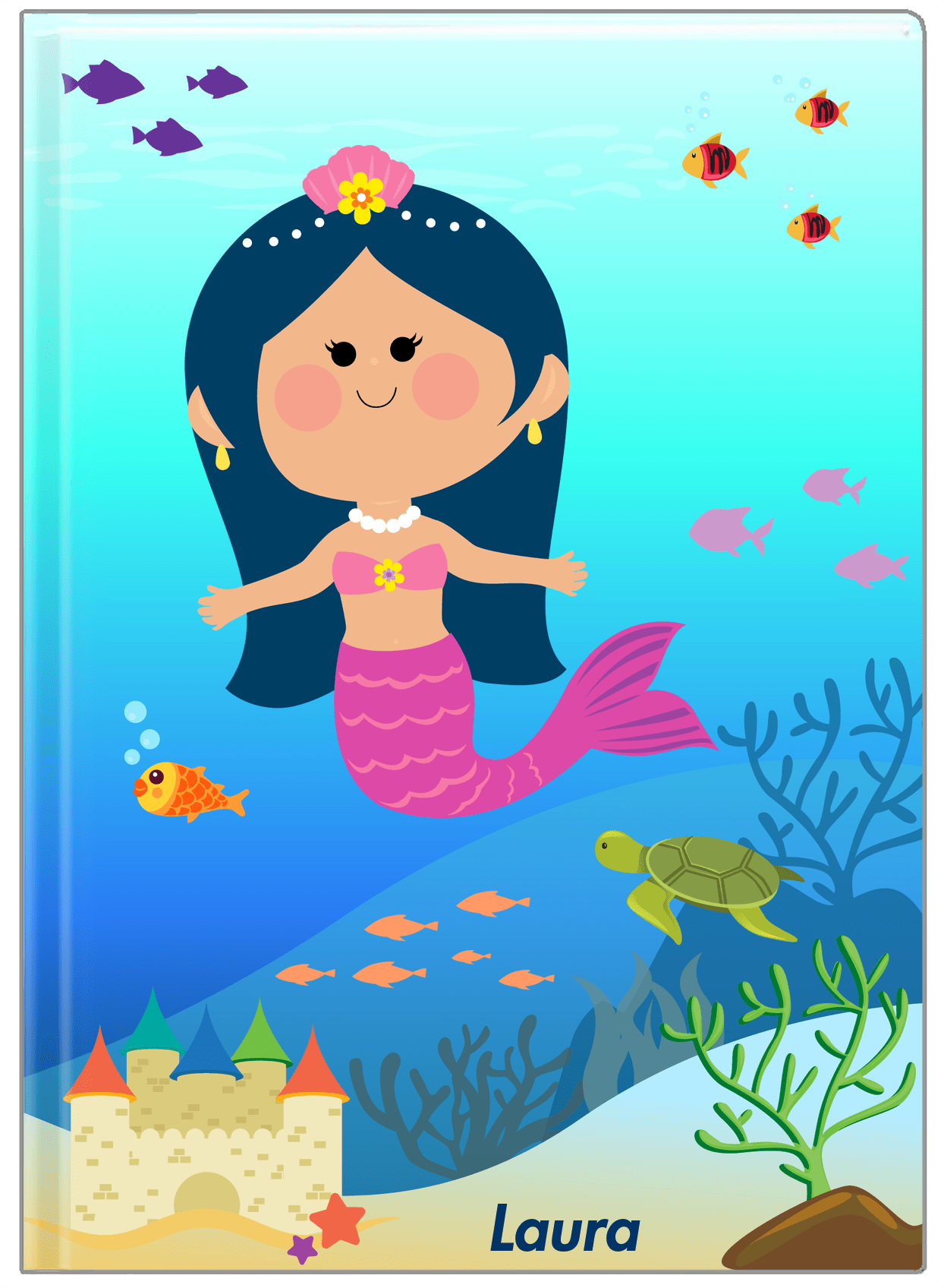 Personalized Mermaid Journal IX - Blue Background - Asian Mermaid - Front View